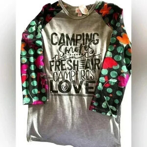 Lularoe XXS Randy Baseball T shirt.Camping screen print. Black 3/4 floral sleeve